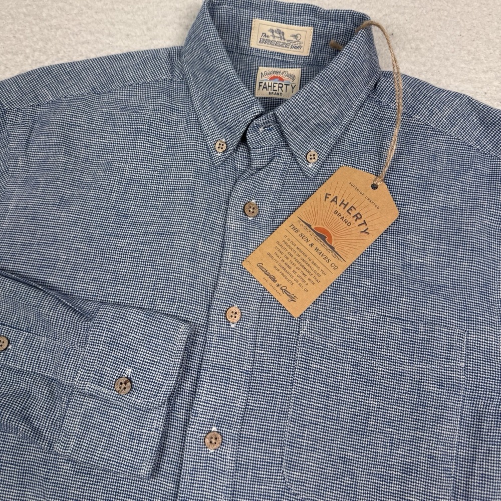 Faherty Breeze Shirt Mens XS Blue Ocean Pincheck Linen Blend Button Up LS